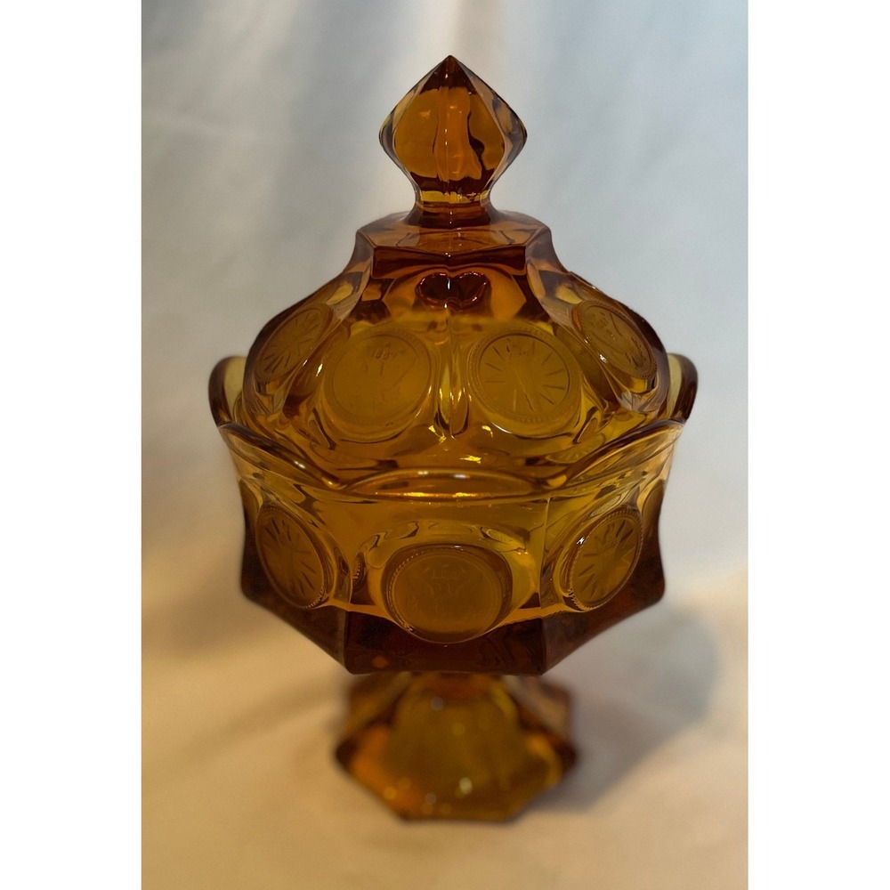 Vintage Fostoria Coin Wedding Bowl  Amber Glass Lidded Candy Dish 1887 Pattern